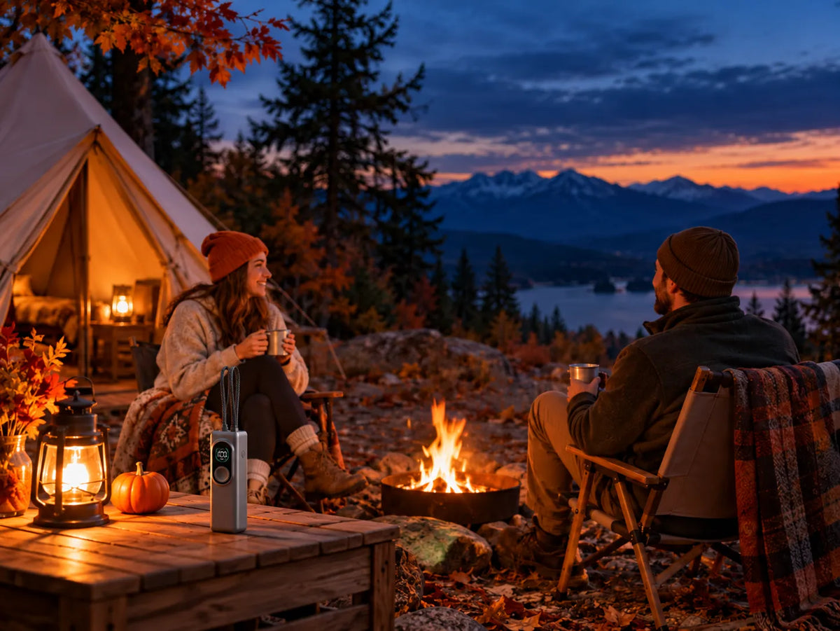 iFORWAY portable power bank at an autumn lakeside camping trip