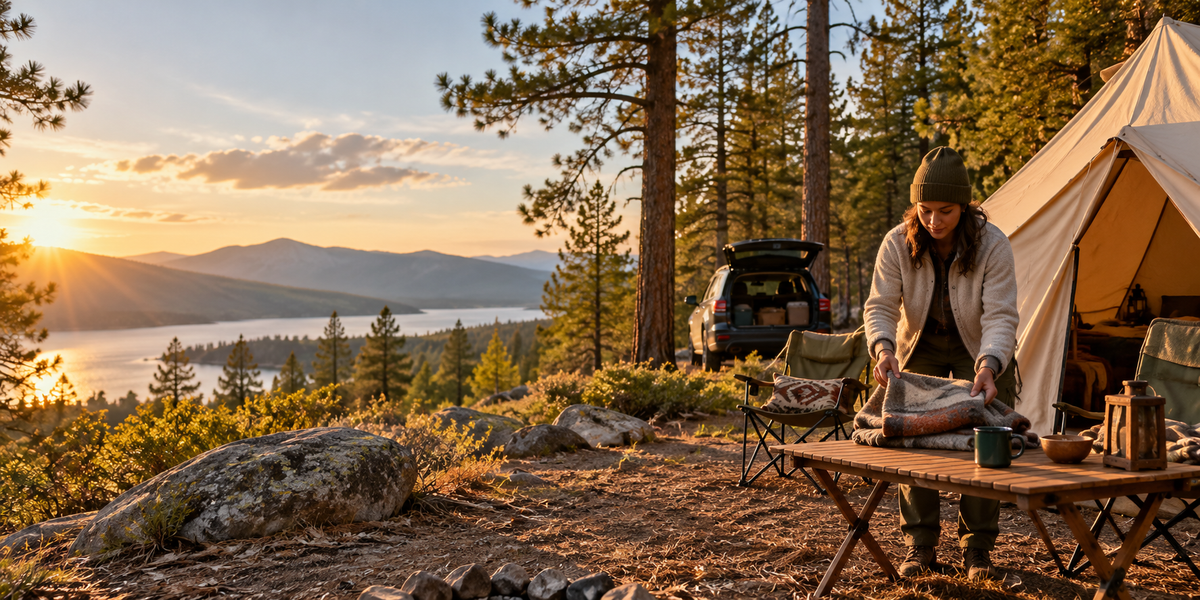 Forest campsite at sunset.
