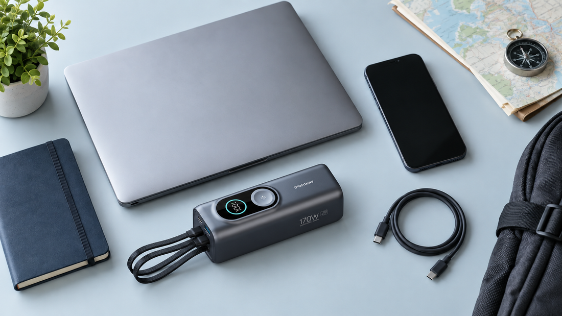 Laptop, phone, USB-C cable and travel gear for choosing a high-capacity power bank