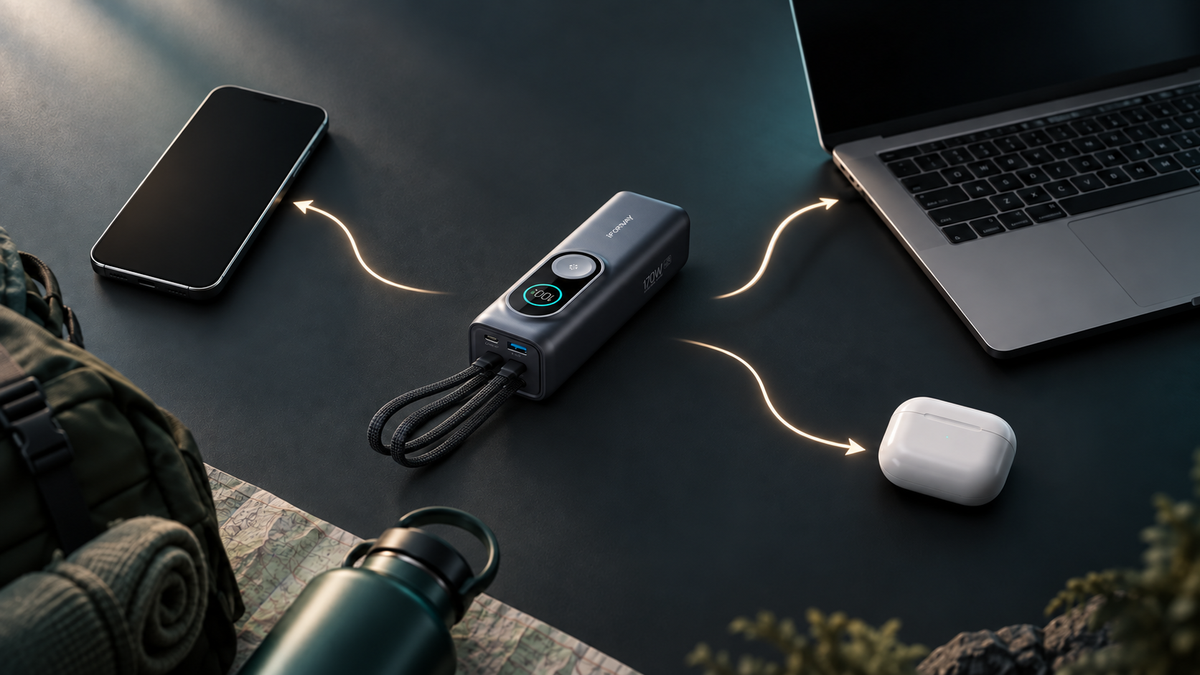 Text-free illustration of a generic battery sharing power among a phone laptop and earbud case