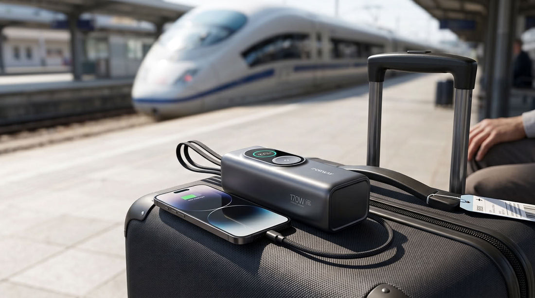 iFORWAY 25,000mAh 170W Laptop Power Bank charging an iPhone 18 on luggage at a train station