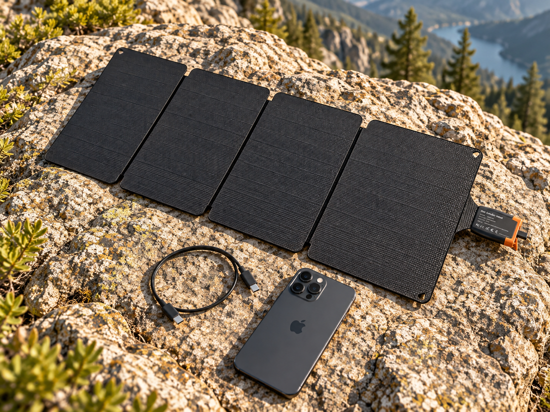iFORWAY 36W four-fold portable solar panel charging a smartphone via USB-C at a sunny lakeside campsite.