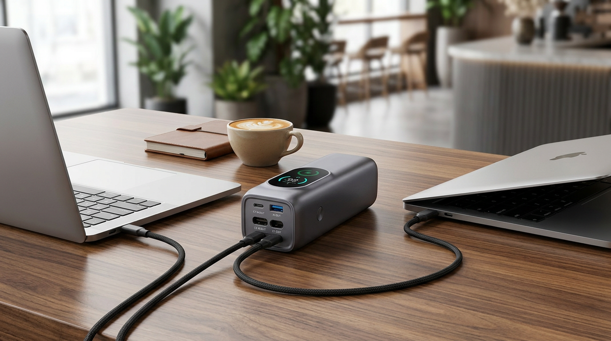 iFORWAY PB02 power bank charging two USB-C laptops on a shared desk