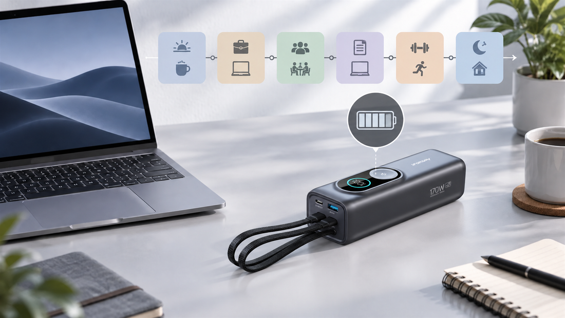 Laptop USB-C cable and power bank display planning for a workday