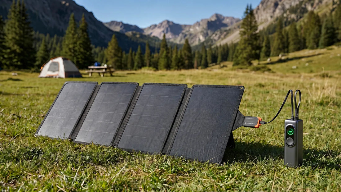 iFORWAY 36W portable solar panel charger powering a power bank during backpacking and camping
