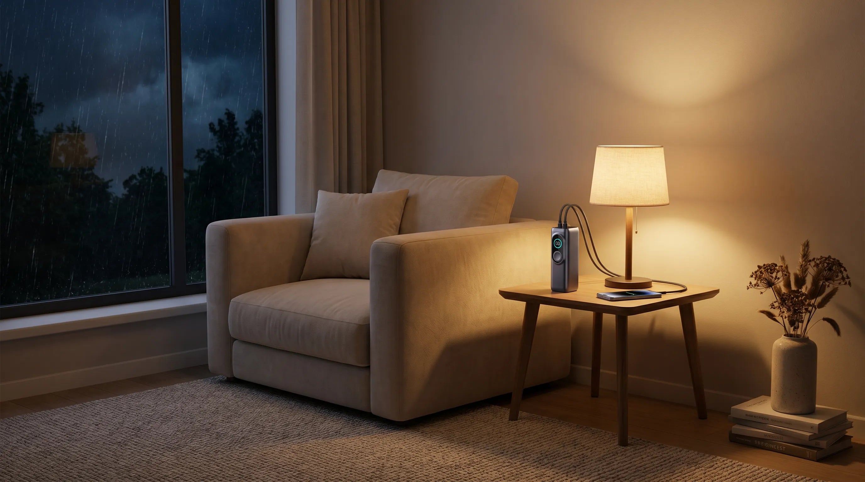 iFORWAY emergency backup battery powering a lamp during a rainy home power outage