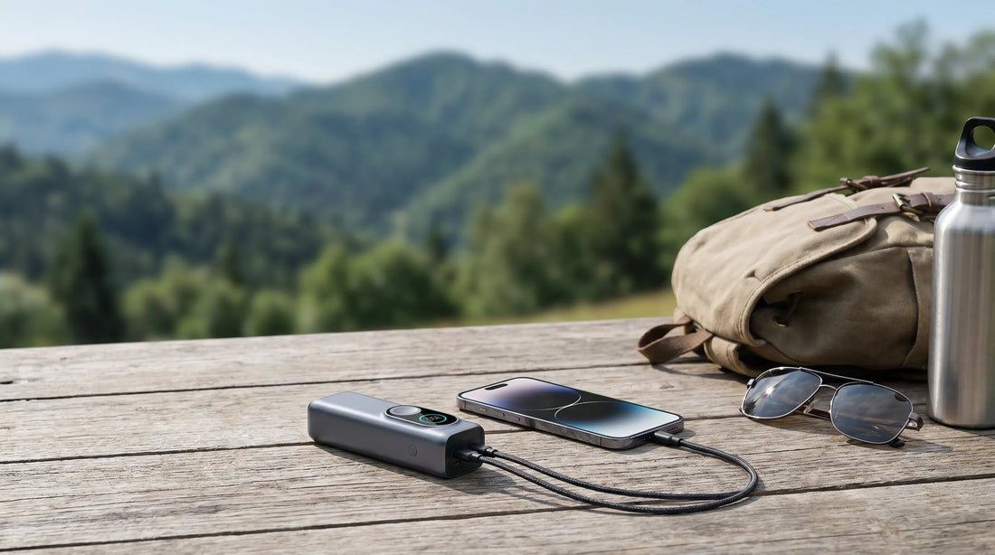 iFORWAY outdoor portable charger powering a smartphone on a mountain hiking table