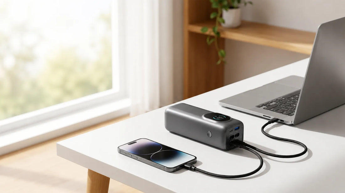iFORWAY laptop power bank charging a MacBook and smartphone via USB-C fast charging