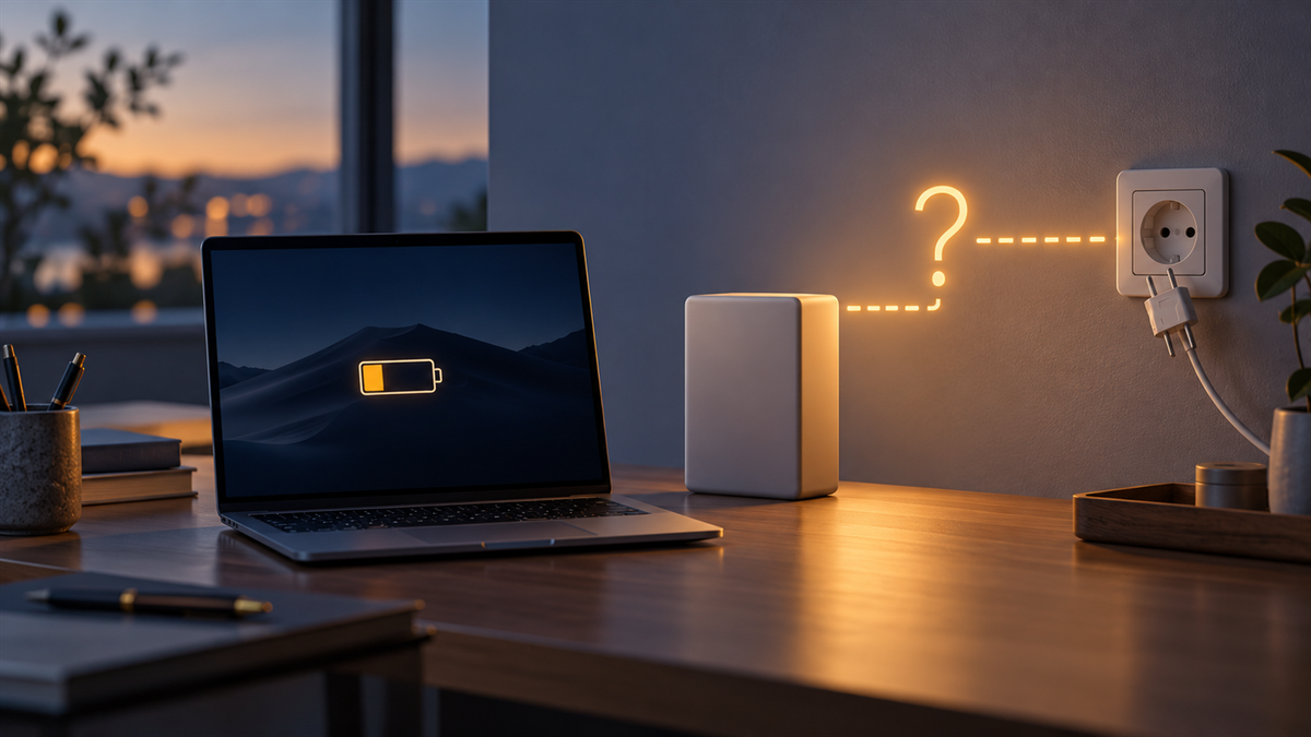 Concept illustration of a laptop, disconnected wall plug and abstract energy-storage block with a question mark