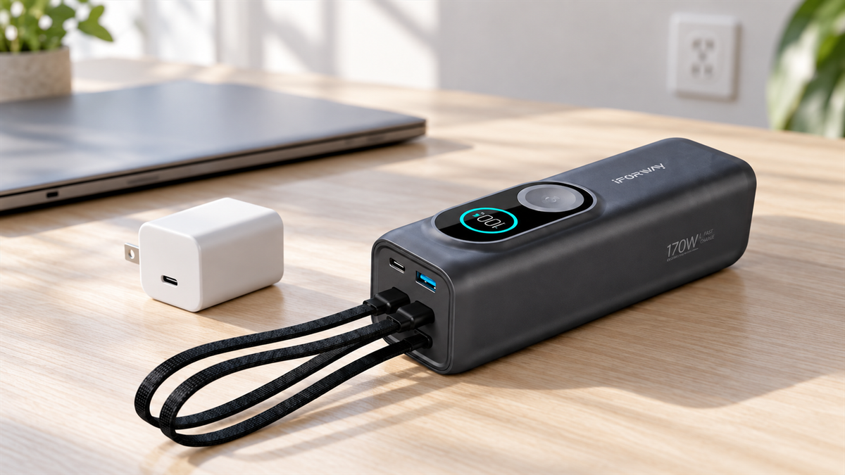 IFORWAY PB02 beside an unplugged USB-C wall charger and closed laptop on a desk