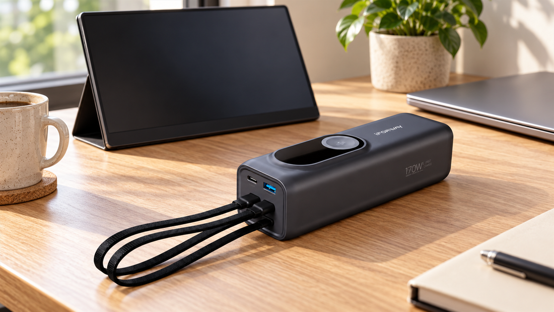 IFORWAY PB02 on a desk with a dark portable monitor and closed laptop