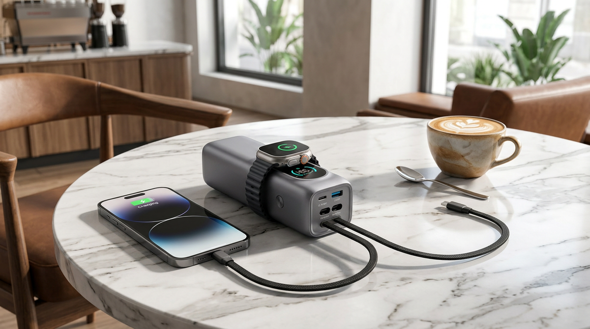 iFORWAY PB02 25000mAh power bank charging an iPhone 18 Pro with Apple Watch at a cafe