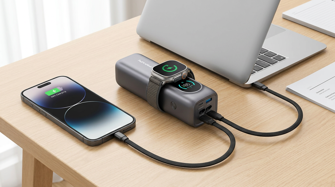 iFORWAY PB02 25000mAh power bank charging an iPhone 18 Pro, MacBook and Apple Watch on a desk