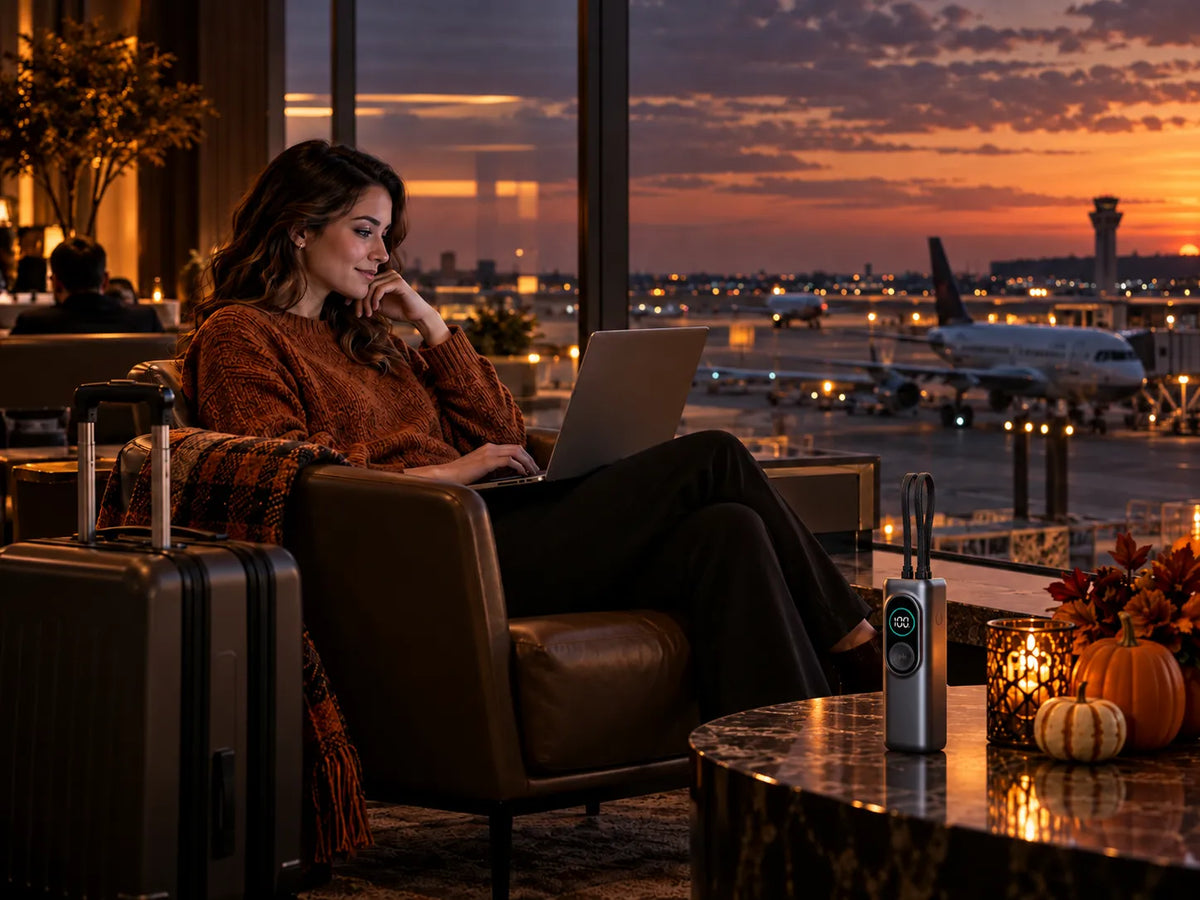 iFORWAY power bank in an airport lounge during autumn travel