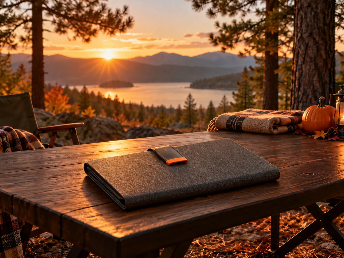 Portable charging gear on a wooden camping table at sunset