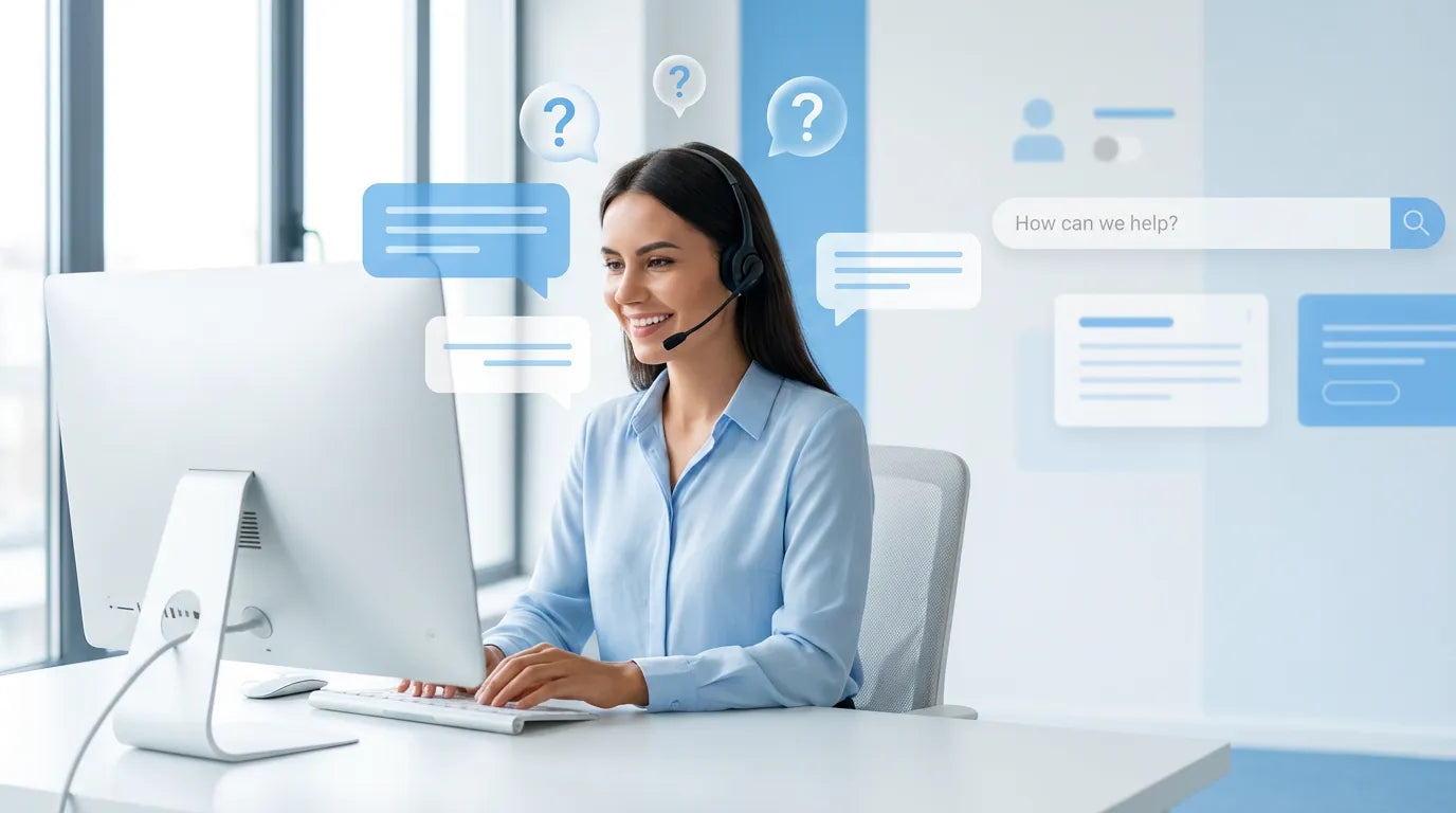 A smiling female customer support representative wearing a headset working at a desktop computer. She is surrounded by floating chat bubbles with question marks and a search bar reading "How can we help?", illustrating professional and friendly online customer service.