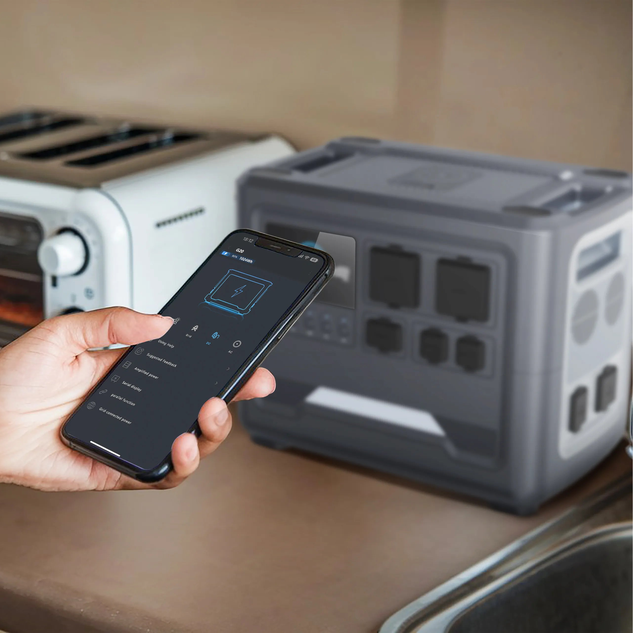 Close-up of iFORWAY charging station showing protective port covers and 100W USB-C fast charging for smart devices.