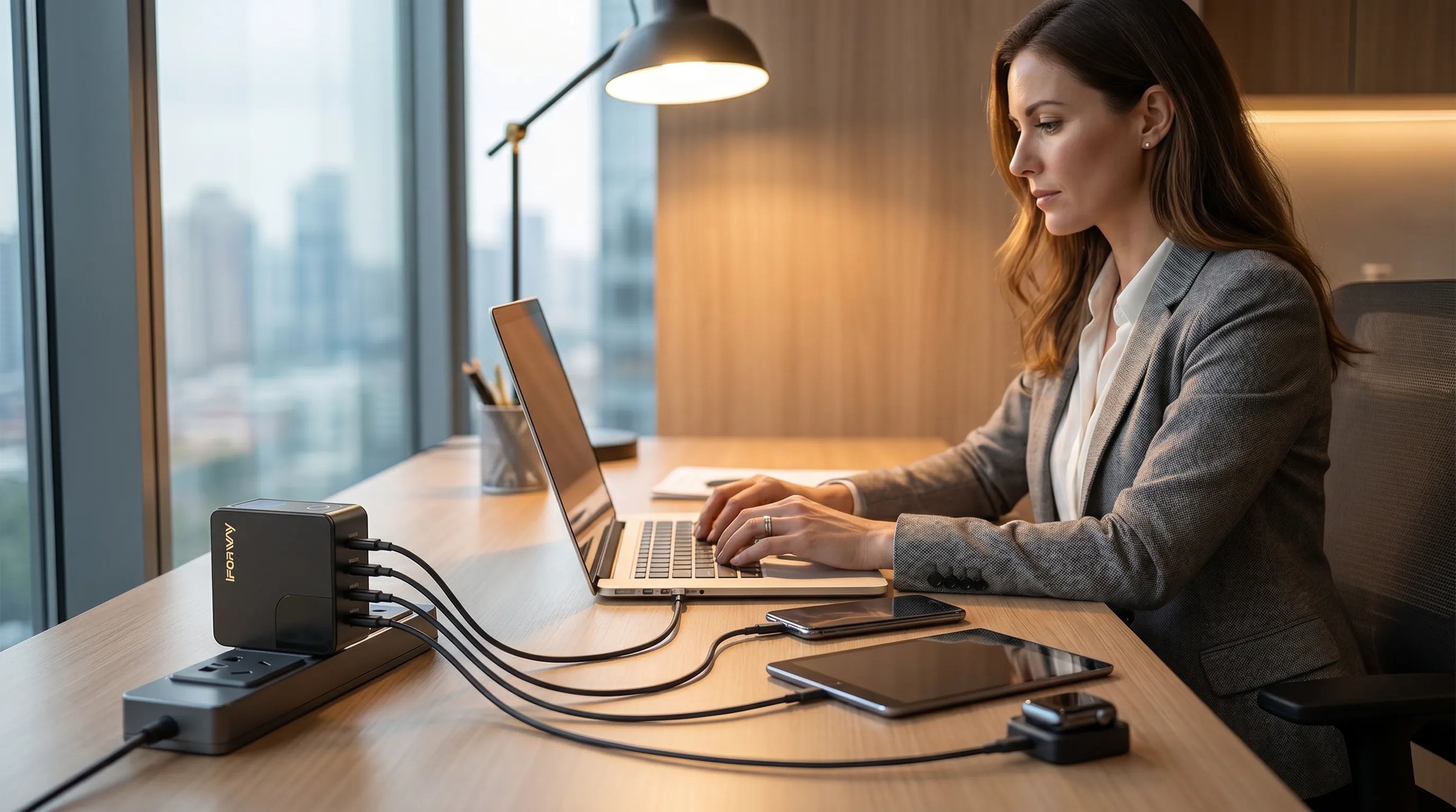 A professional businesswoman working on her laptop in a modern, well-lit office with a city view. On her wooden desk, the iFORWAY 140W wall charger is plugged into a desktop power strip, simultaneously powering four devices: her laptop, a smartphone, a tablet, and a smartwatch. This realistic workspace scene perfectly illustrates how the charger's 3 USB-C and 1 USB-A ports efficiently meet all daily professional charging needs while keeping the desk organized and reducing cable clutter.