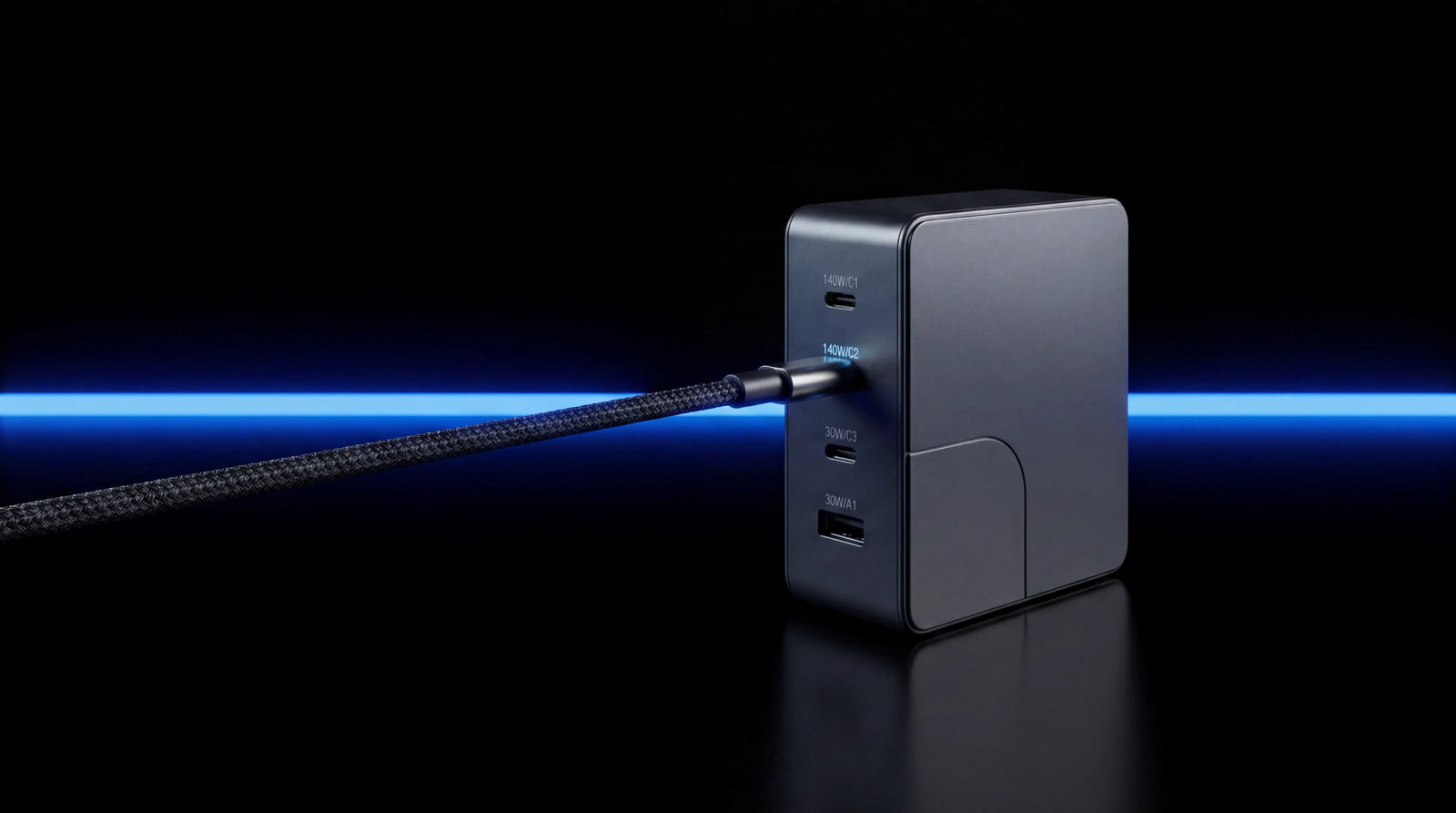A dark gray iFORWAY 140W wall charger resting on a black reflective surface, showcasing its port panel. A black braided charging cable is plugged into the second USB-C port, which is labeled '140W/C2'. The panel clearly displays the complete 3 USB-C and 1 USB-A port design with specific wattage labels for each, demonstrating the charger's ability to power up to four devices at the same time and reduce cable clutter