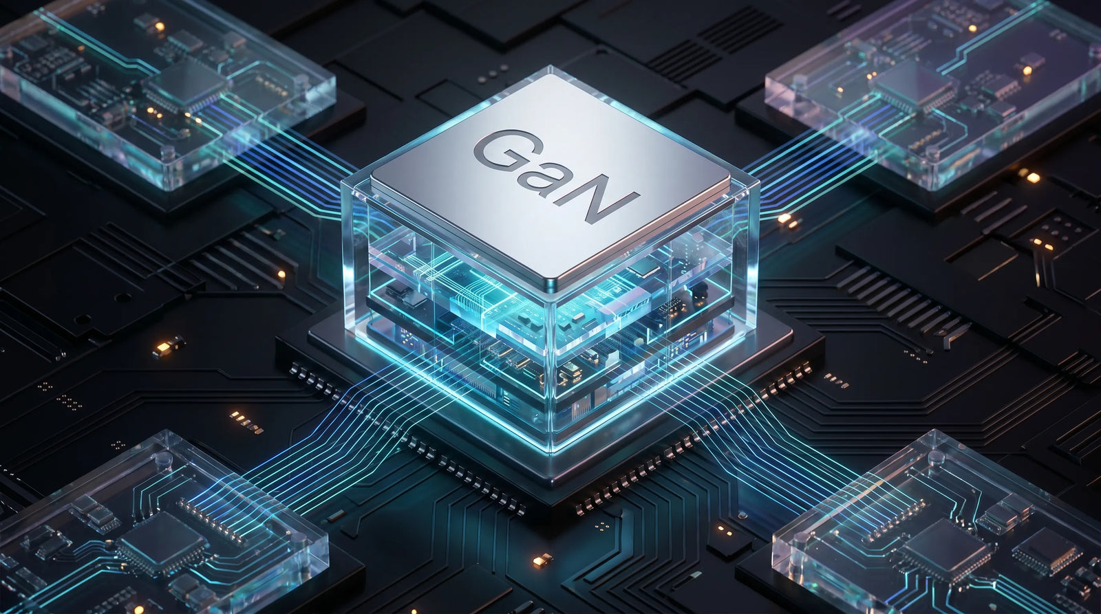 A futuristic, ultra-realistic close-up render of a glowing GaN microchip centered on a dark circuit board, featuring illuminated blue power traces connecting to surrounding components. This visually represents the advanced Gallium Nitride (GaN) technology used in the iFORWAY 140W charger, which ensures high charging efficiency, a super compact size, and reliable long-term performance.