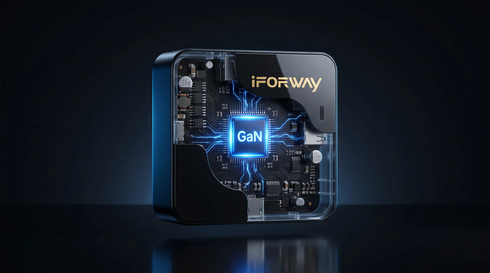 An ultra-realistic transparent cutaway render of the iFORWAY 140W charger, revealing its internal circuit board. A glowing blue 'GaN' chip highlights the highly efficient Gallium Nitride technology. This design ensures a compact size while integrating multiple safety systems against over-current, over-voltage, and short circuits, delivering reliable high-speed charging for devices like MacBook Pro and iPad