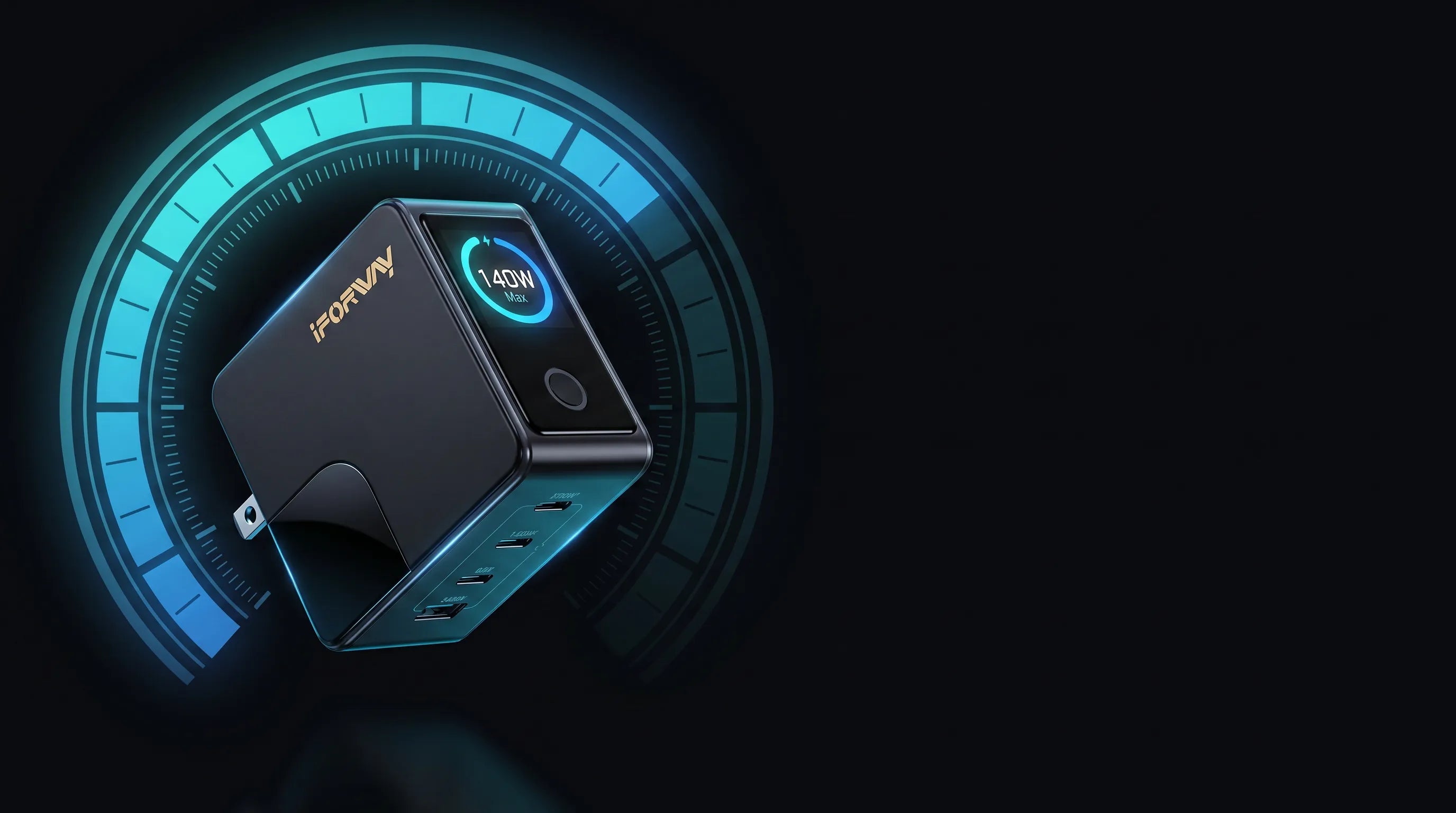 A dynamic, premium dark-themed promotional image of the iFORWAY 140W wall charger angled against a black background. Behind the charger is a futuristic, glowing blue circular gauge resembling a speedometer, emphasizing its ultra-fast charging speed. The charger's built-in digital display prominently shows a glowing '140W Max', highlighting its powerful PD3.1 output capabilities, while the versatile 4-port panel is clearly visible on the bottom edge.