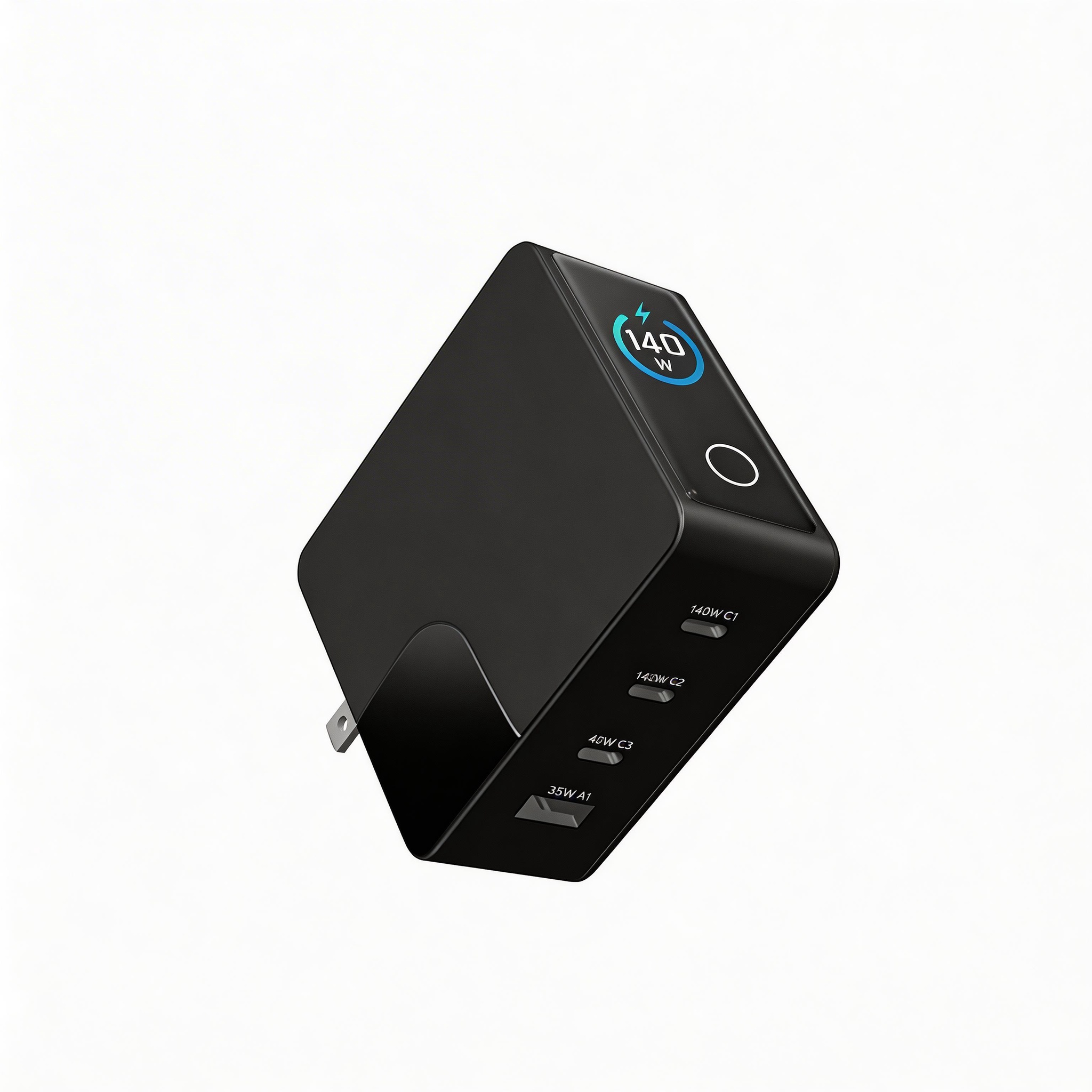 iFORWAY 140W GaN charger block with real-time LED display, featuring 4 fast-charging ports for maximum desktop efficiency.