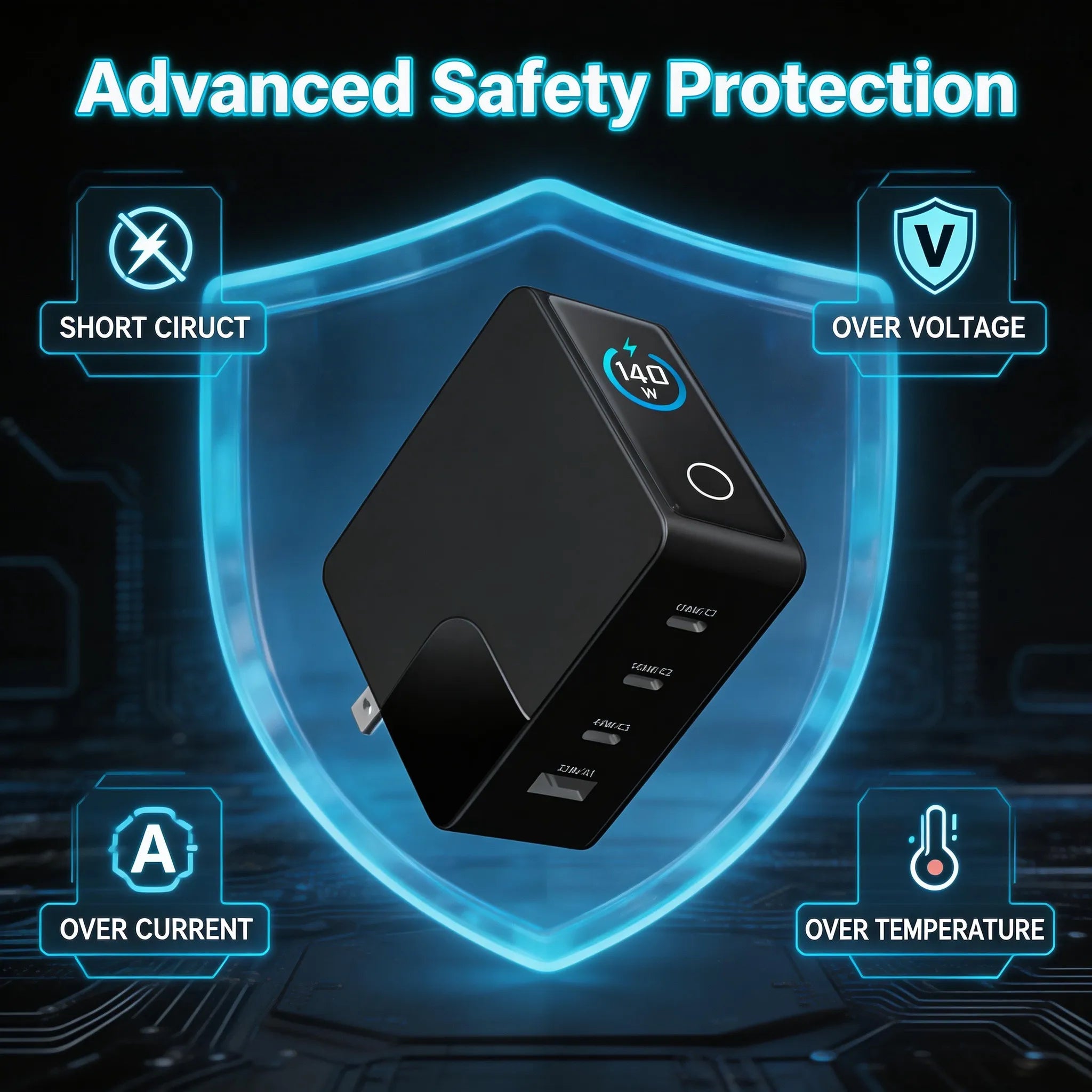 Advanced safety protection system for the iFORWAY 140W GaN charger. Featuring Superior Safety protocols including Short Circuit, Over Voltage, Over Current, and Over Temperature protection. Engineered with low heat loss materials to ensure stable performance, this charger provides secure power delivery through its dual high-speed USB-C ports, keeping your expensive laptops and gadgets safe during rapid charging