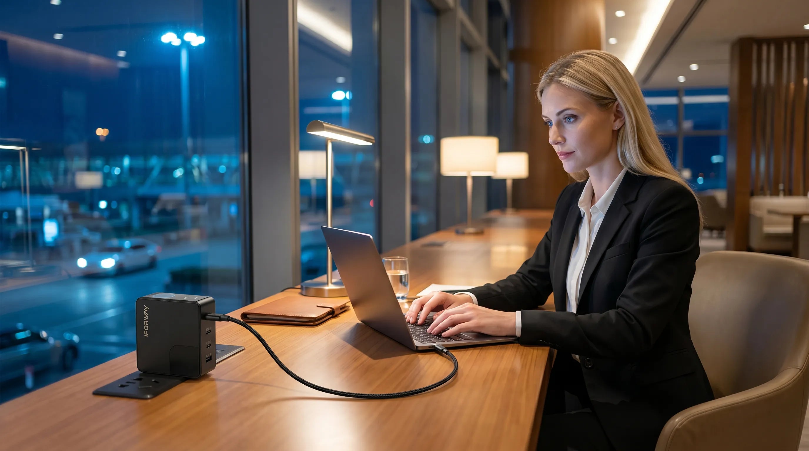 A professional businesswoman in a suit working on her laptop at a sleek wooden desk near a large window with a nighttime city view. The compact iFORWAY 140W USB-C wall charger is plugged into the desk outlet, providing fast power to her laptop via a braided cable. This scene highlights the charger as an ideal companion for travel, business trips, and daily office use, supported by its 100-240V global voltage compatibility for professionals on the go.