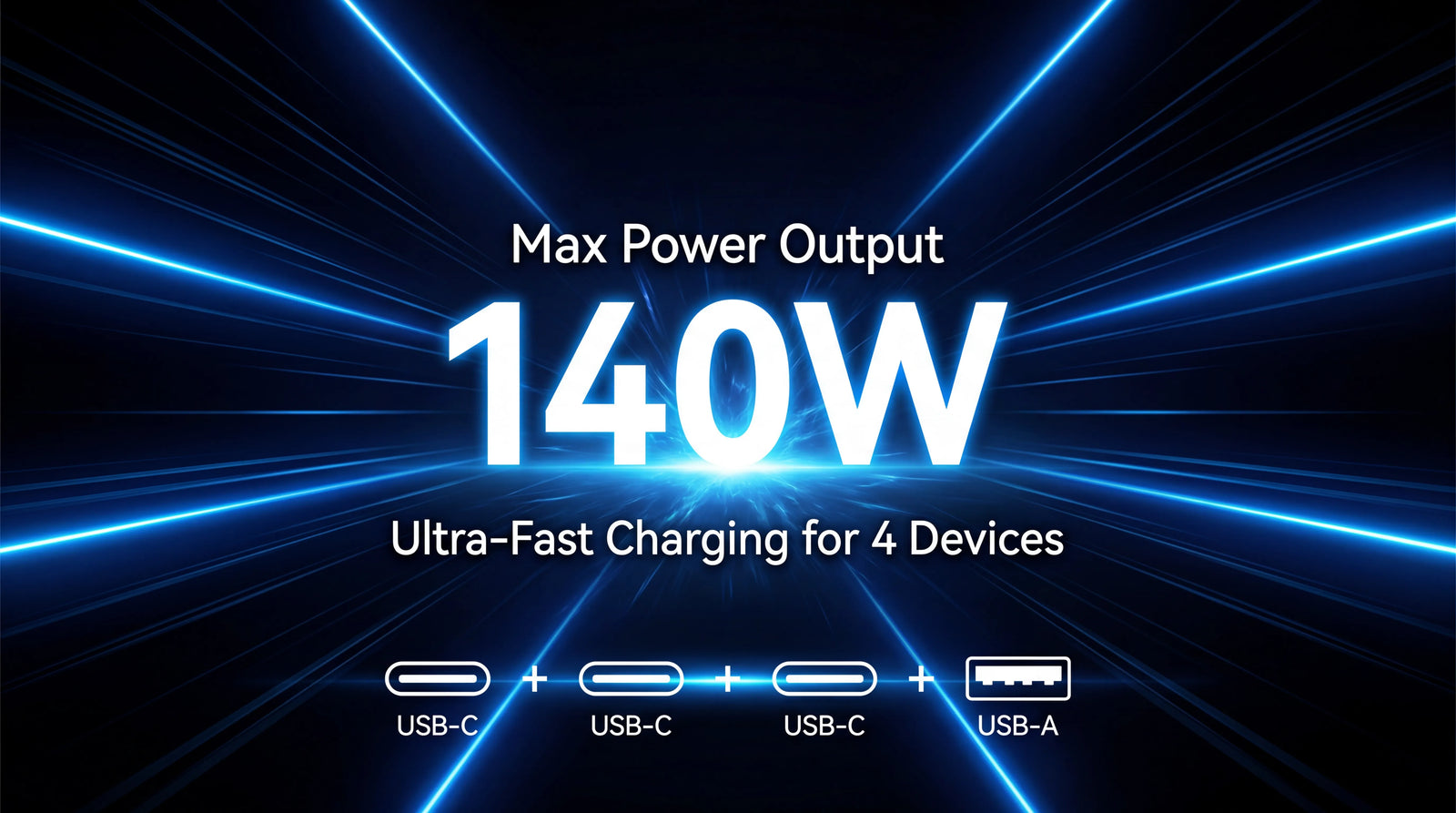 A high-tech promotional graphic with dynamic blue light trails radiating from the center on a dark background, highlighting the iFORWAY wall charger's capabilities. Bold white text prominently displays 'Max Power Output 140W' and 'Ultra-Fast Charging for 4 Devices'. Below, icons clearly illustrate the versatile 4-port configuration: 3 USB-C ports and 1 USB-A port, emphasizing its ability to power multiple devices simultaneously with high efficiency