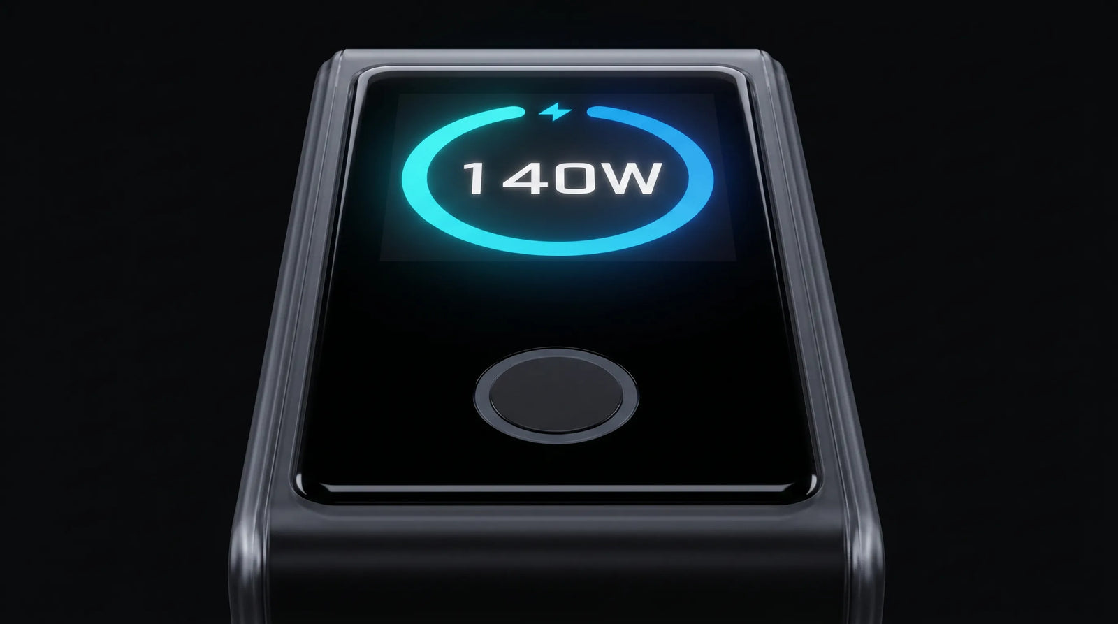 A close-up view of the black glossy surface on the iFORWAY 140W fast charger, featuring a smart digital display. The illuminated screen shows a glowing blue circular progress bar with a lightning bolt icon, boldly displaying the 140W maximum output. This clearly illustrates the charger's advanced PD3.1 fast charging capabilities, designed to quickly and steadily power high-demand devices like the MacBook Pro