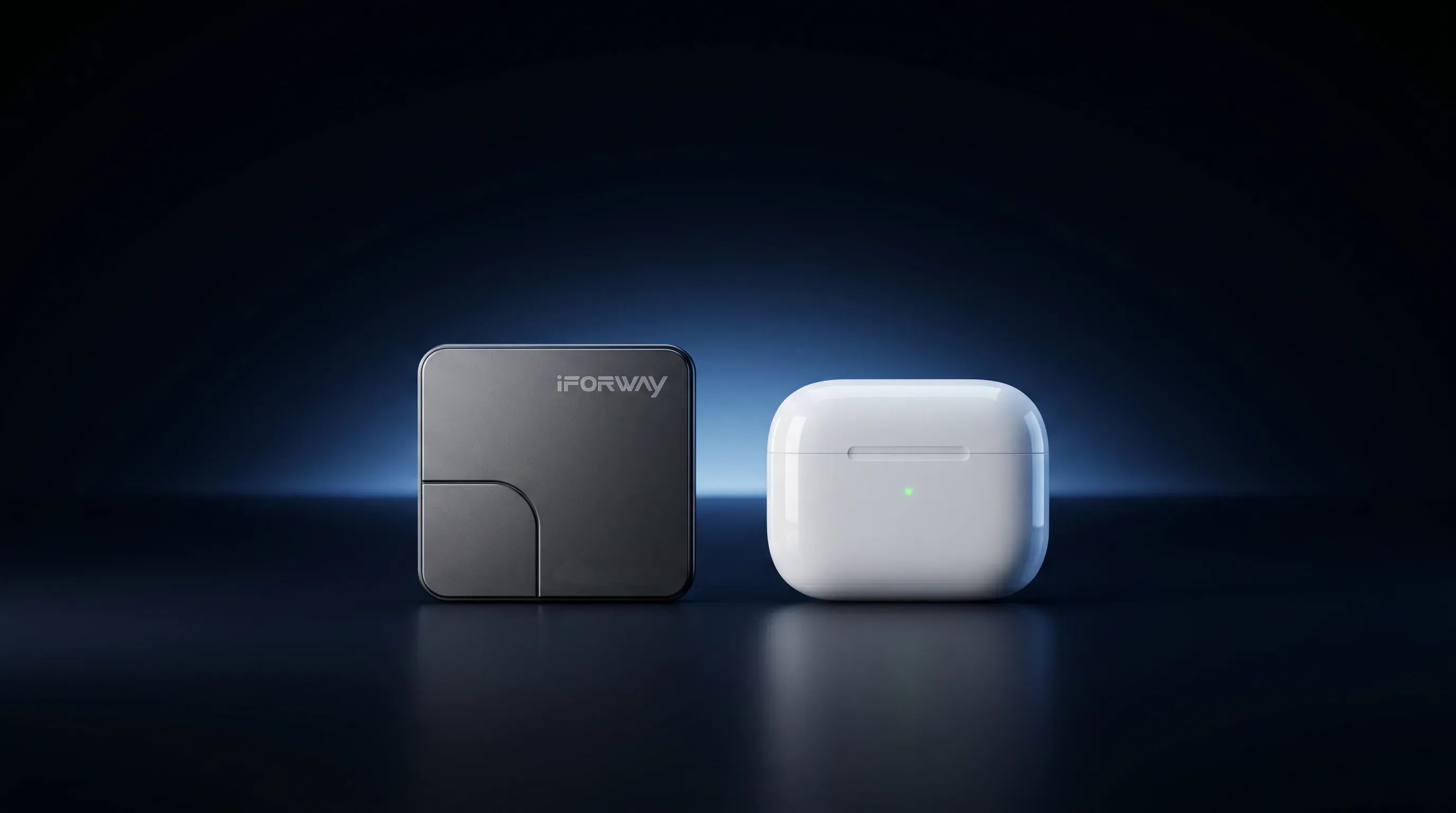 A dark gray iFORWAY 140W USB-C charger placed next to a white wireless earbuds charging case on a dark background for size comparison. This visually demonstrates the super compact design of this 4-port fast wall charger, powered by advanced GaN tech, making it ideal for travel, office, and daily use.