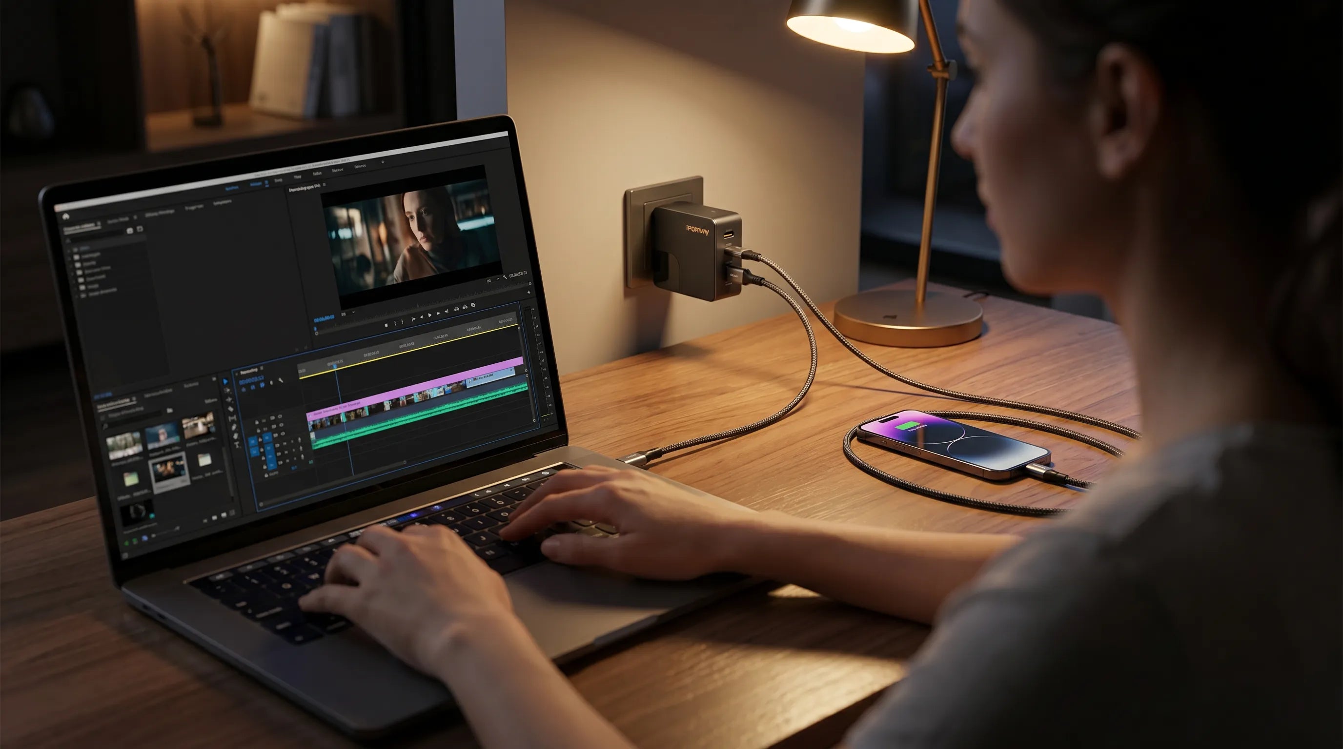 A cinematic lifestyle scene of a creative professional editing video on a laptop at a wooden desk under warm lamp lighting. The compact iFORWAY 140W wall charger is securely plugged into the background outlet, simultaneously fast-charging the MacBook and an iPhone using two braided USB-C cables. This demonstrates the charger's high-efficiency PD3.1 output, perfectly meeting both demanding professional workflows and daily charging needs in a modern home office setup