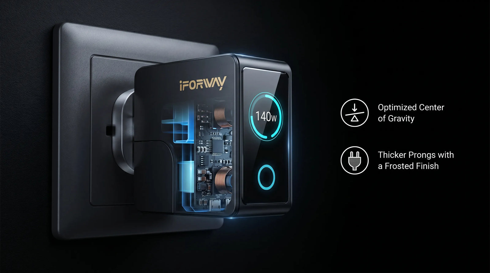 A premium dark-themed feature image of the iFORWAY 140W wall charger securely plugged into a dark outlet. A transparent cutaway view reveals its internal circuit board and structural design. Callouts on the right highlight its 'Optimized Center of Gravity' and 'Thicker Prongs with a Frosted Finish.' This illustrates the advanced physical engineering designed to ensure a stable, flush fit against the wall, preventing sagging and eliminating loose connections during high-speed charging.