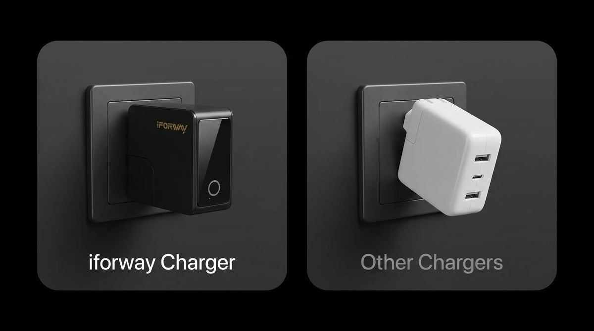 A side-by-side comparison on a dark background demonstrating the secure wall plug design of the iFORWAY 140W charger. On the left, the black iFORWAY charger sits perfectly flush and securely plugged into a wall outlet. On the right, a generic white multi-port charger sags and hangs loosely from the socket. This visually highlights the iFORWAY charger's superior build, ensuring 'no more loose connections' for a stable, uninterrupted, and safe fast-charging experience.