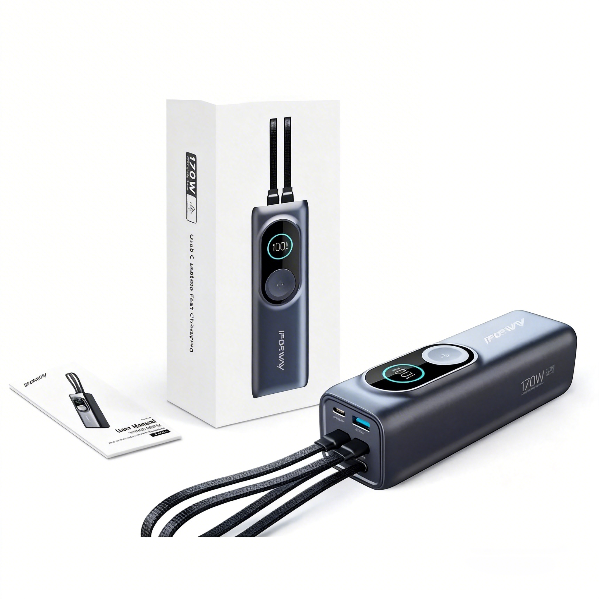 iFORWAY 170W total output battery pack providing ultimate high-speed fast charging for heavy-duty laptops and smartphones.