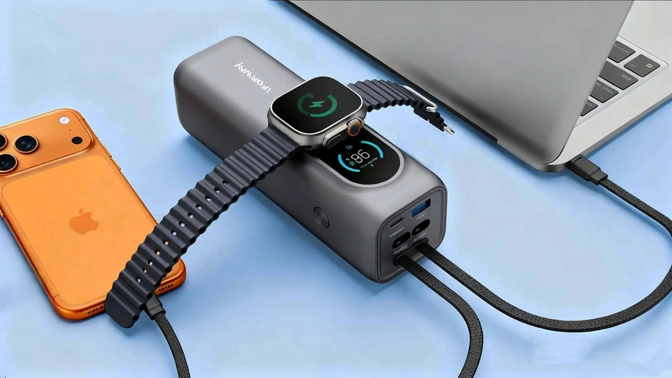 The iFORWAY 25000mAh 170W power bank charging a MacBook, Apple Watch, and iPhone simultaneously. It highlights the top wireless charging pad, PD 100W high-speed output, and built-in cables, making it the ultimate all-in-one power solution for Apple ecosystem users.