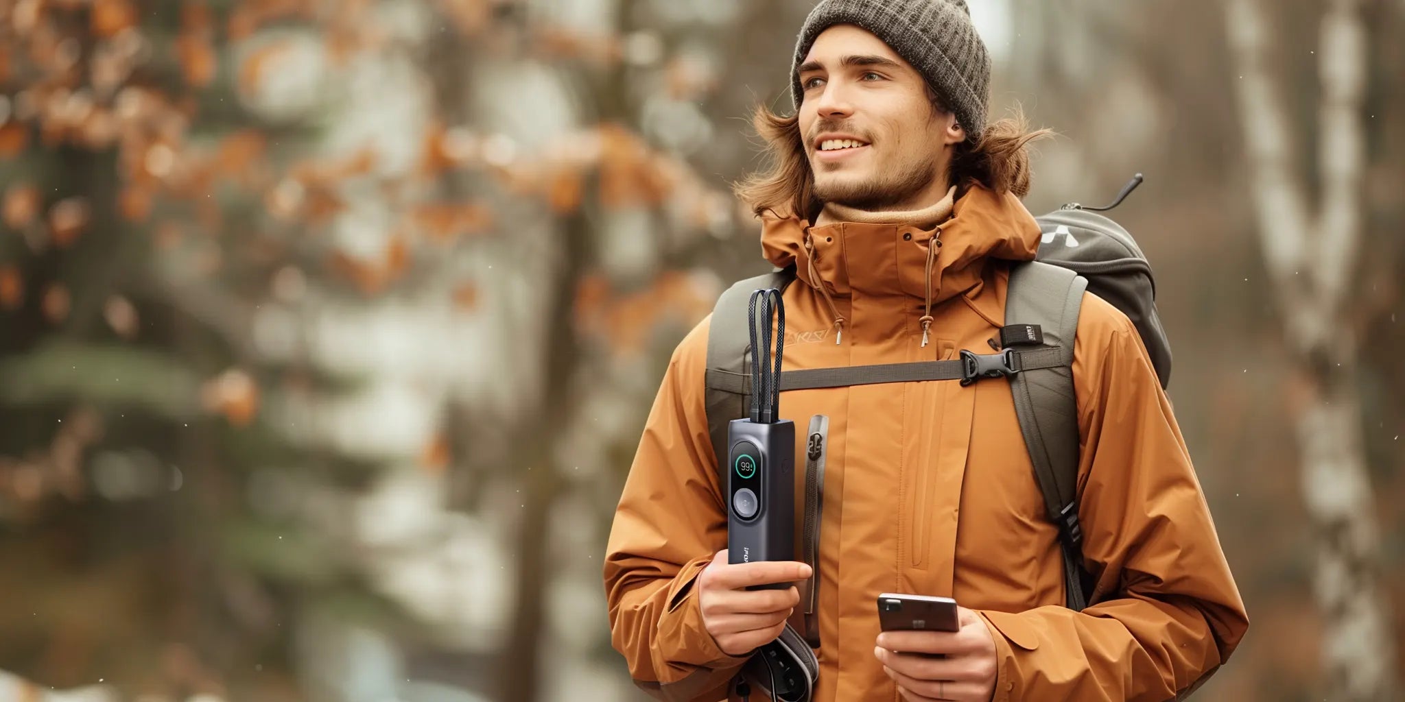 A male hiker with a backpack and outdoor gear holding the iFORWAY 25000mAh 170W laptop power bank in a forest setting. The smart digital display is clearly visible, showcasing the power bank as an essential travel companion for trekking and keeping electronic devices charged in the wilderness.