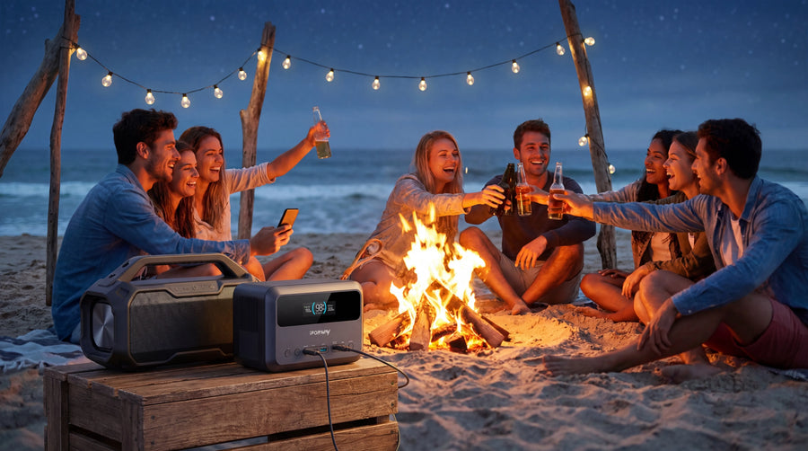 A group of friends toasting around a beach bonfire at night under string lights. In the foreground, an iFORWAY 300W portable power station sits on a wooden crate, powering a large outdoor speaker, demonstrating its reliable 300W high power output for outdoor entertainment and parties.