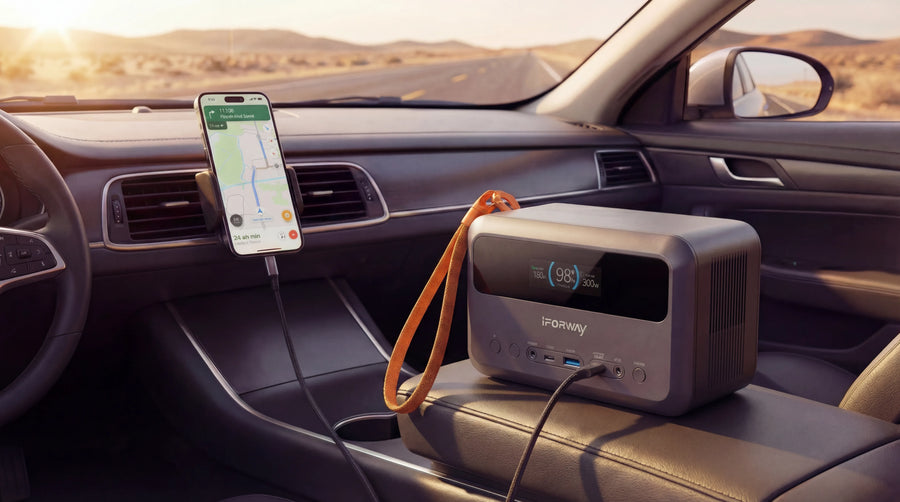 An iFORWAY 300W portable power station resting on a car's center console, charging a smartphone mounted on the air vent for GPS navigation. The sunny highway background highlights its ultra-compact design, perfect for road trips and on-the-go power.