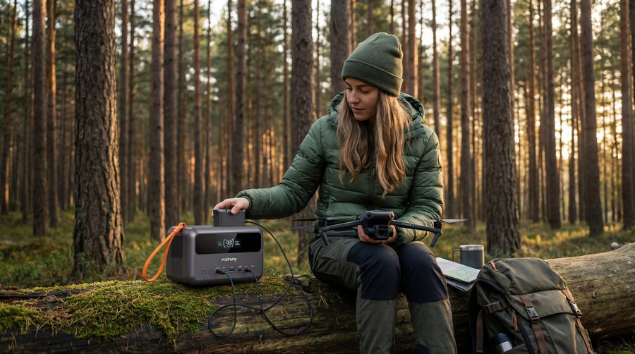 A woman in autumn gear sitting on a log in a forest, holding a drone. An iFORWAY 300W portable power station is resting on the log, charging the drone. A camping backpack and map are nearby, highlighting reliable power for outdoor adventures.