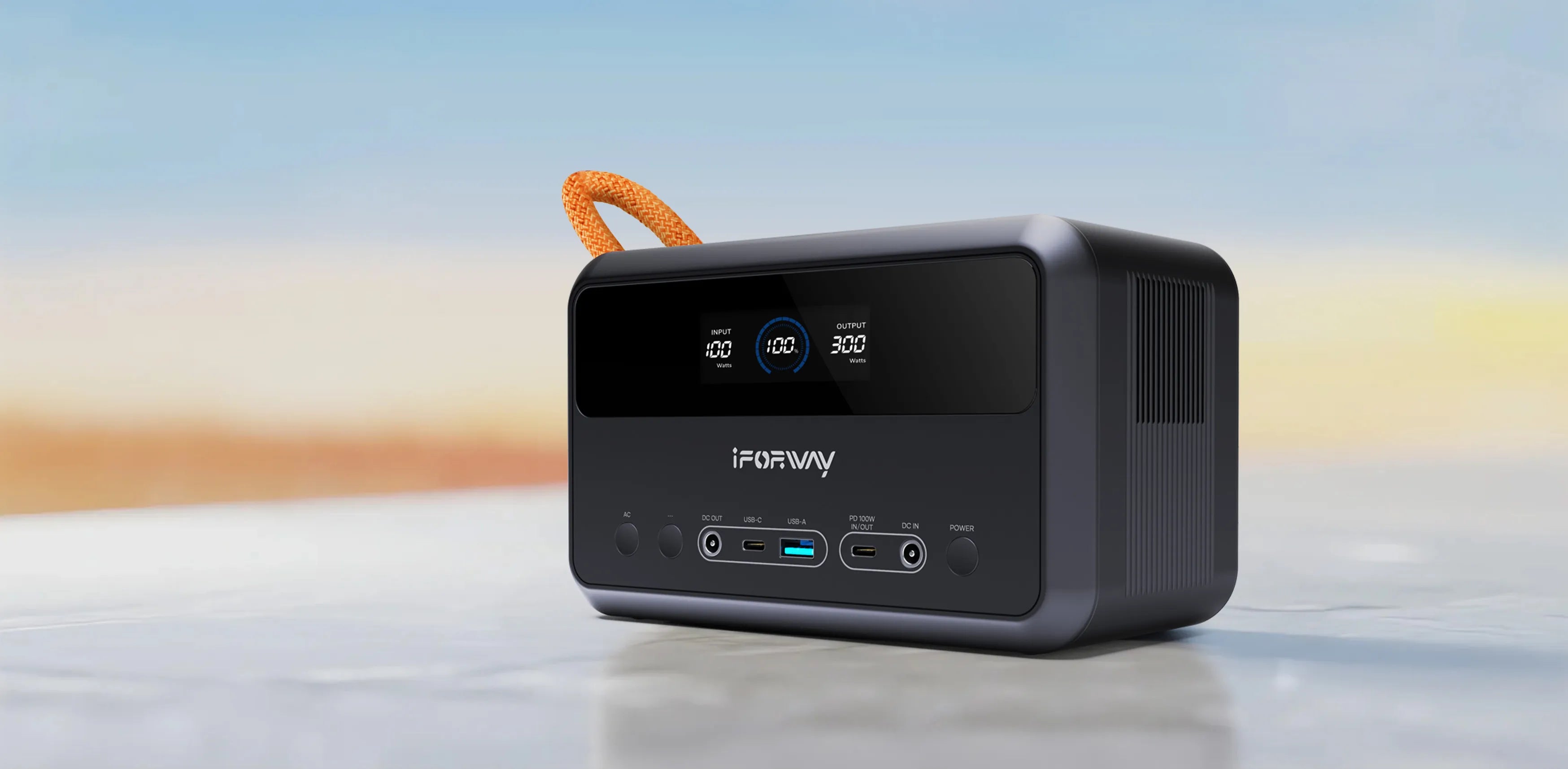 A side-angle close-up of the iFORWAY 300W portable power station, highlighting its diverse output ports and sleek design. This ultra-compact unit features 300W high power output and PD 100W bidirectional fast charging for high-efficiency energy transfer. Built with low heat loss technology, it ensures stable performance during solar or car charging, making it the perfect compact power solution for road trips and emergency backup.