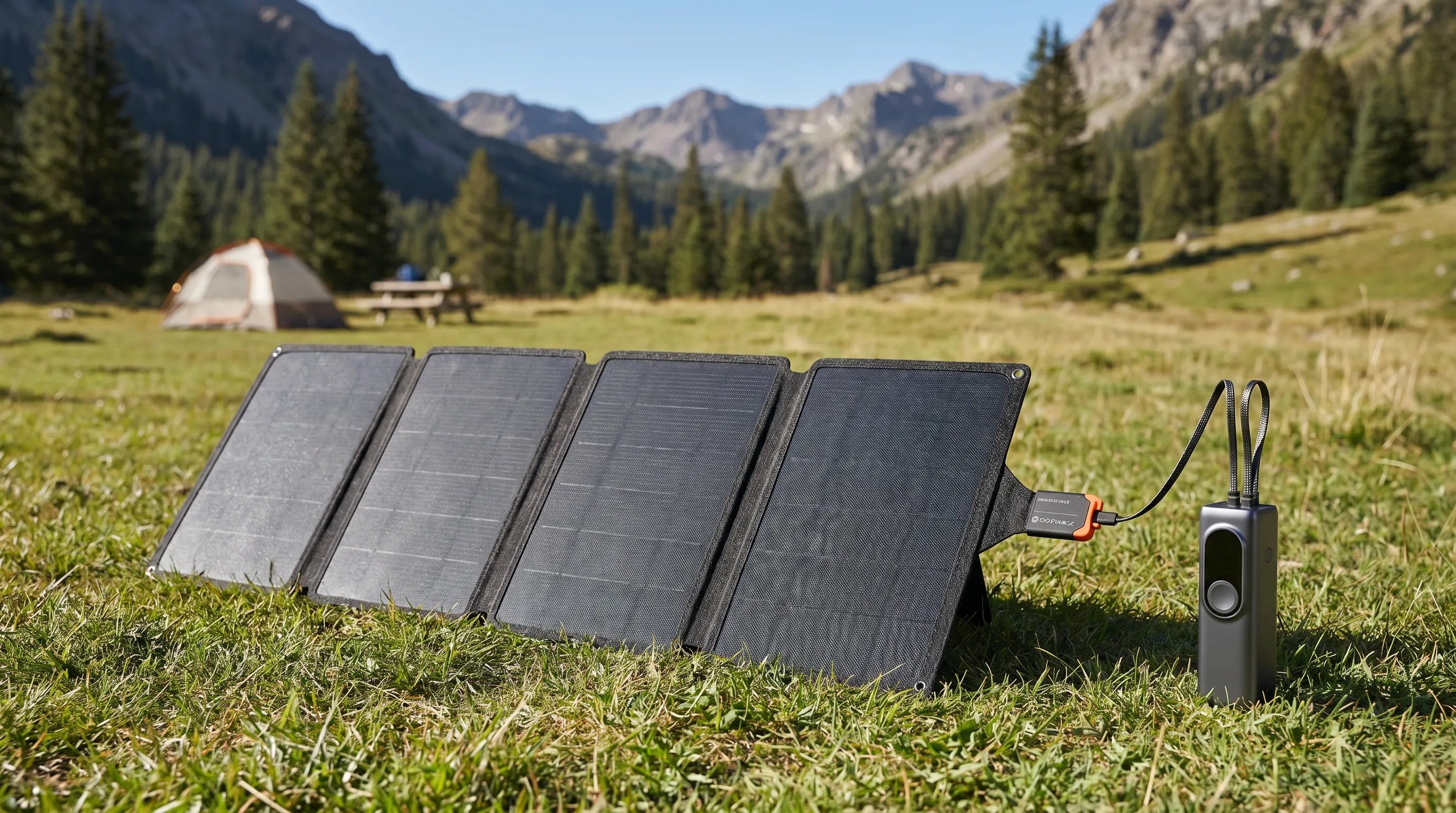 A wide outdoor lifestyle shot featuring the fully unfolded iFORWAY 36W Backpacking Solar Charger set up on a grassy meadow, with a camping tent and majestic mountains in the background. The rugged, foldable solar panel is actively charging a portable power bank via a fast USB-C connection. This scene perfectly demonstrates how the light and portable charger uses high-efficiency monocrystalline cells to provide reliable power on the go for camping, hiking, and any outdoor adventure