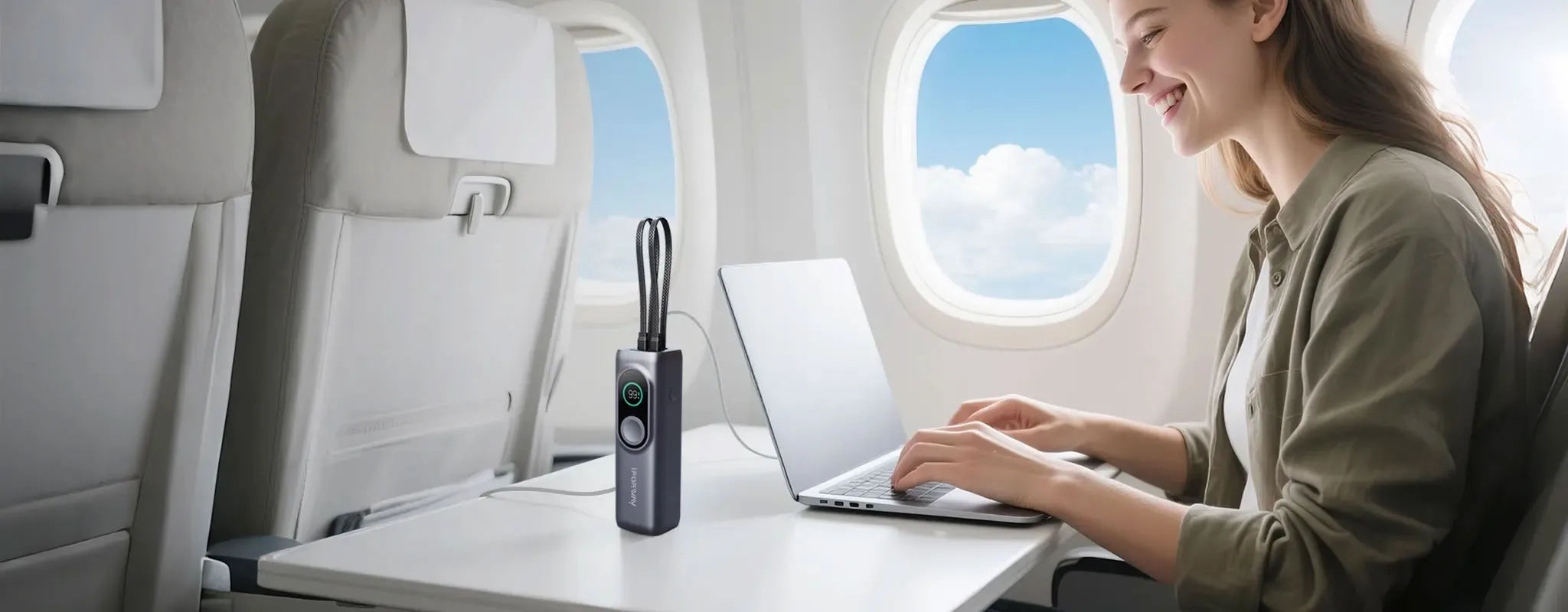 A wide banner featuring a business traveler using a laptop on a plane, powered by the iFORWAY 25000mAh 170W power bank. Highlighting its airline-approved design, 170W total output, and dual 100W built-in cables, this portable charger is the essential travel gear for staying productive on long-haul flights.