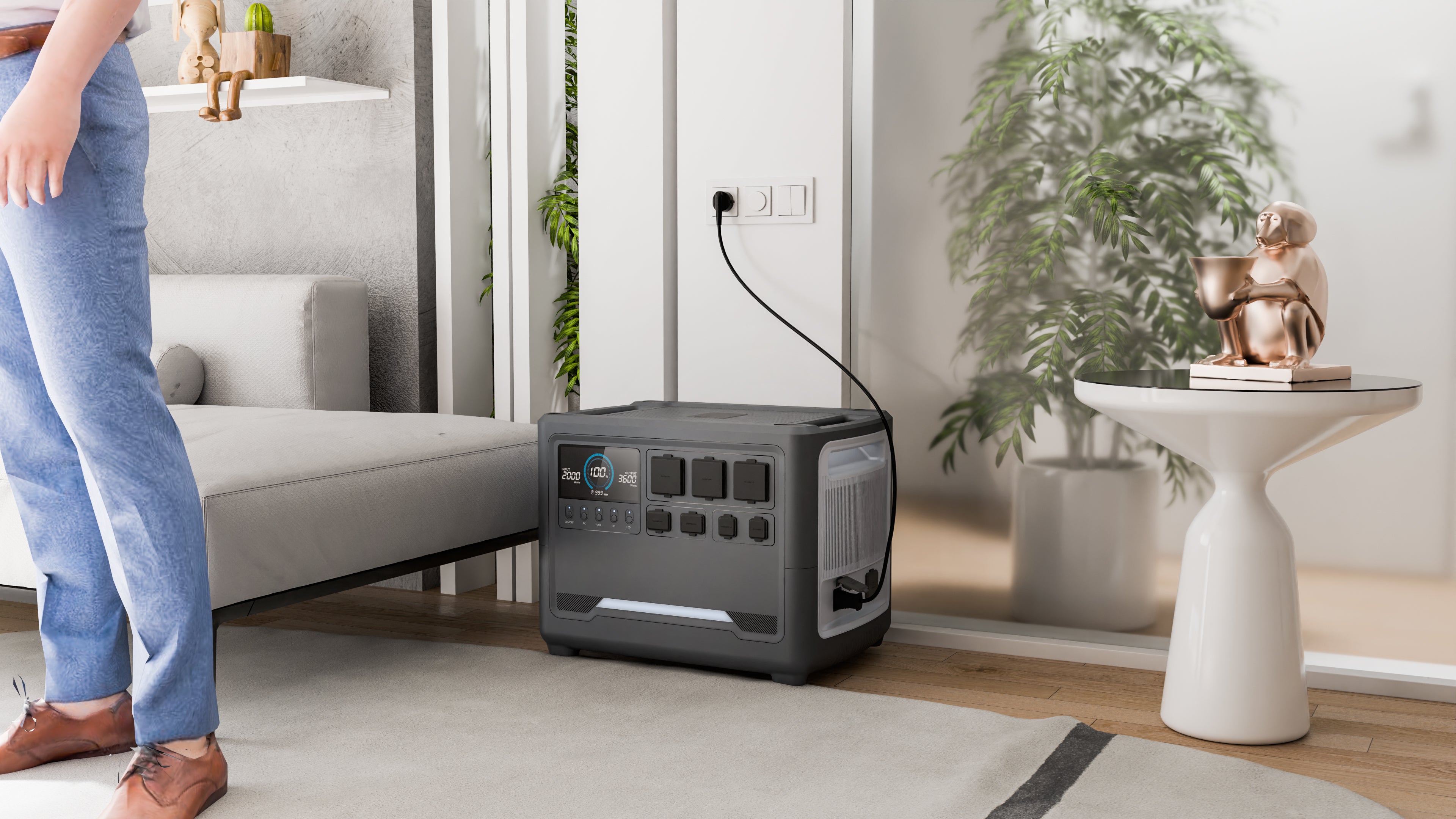 The flagship iFORWAY G36 portable power station being charged via a wall outlet in a modern living room. Featuring a 2000W fast AC input, it reaches full capacity quickly to serve as a reliable 3600W home battery backup. It's the perfect energy security solution for powering appliances like refrigerators and AC units during unexpected power outages.