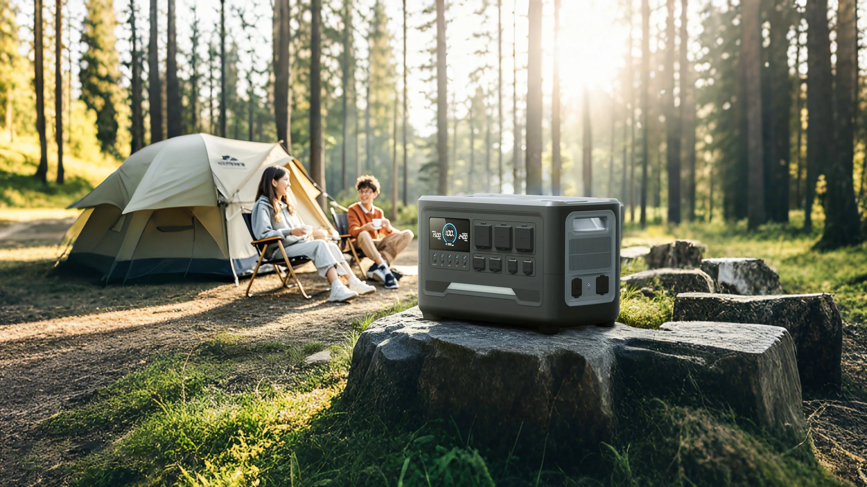 iFORWAY high-capacity power station in a serene forest camping setting. Engineered with a Built Tough exterior for rugged terrains, it delivers stable performance for wild adventures. With its massive high power output, this energy hub supports all your camping essentials, making off-grid living a breeze. Designed for those who want to Grab the sun and stay powered, it offers a reliable Power On the Go experience under any forest canopy.