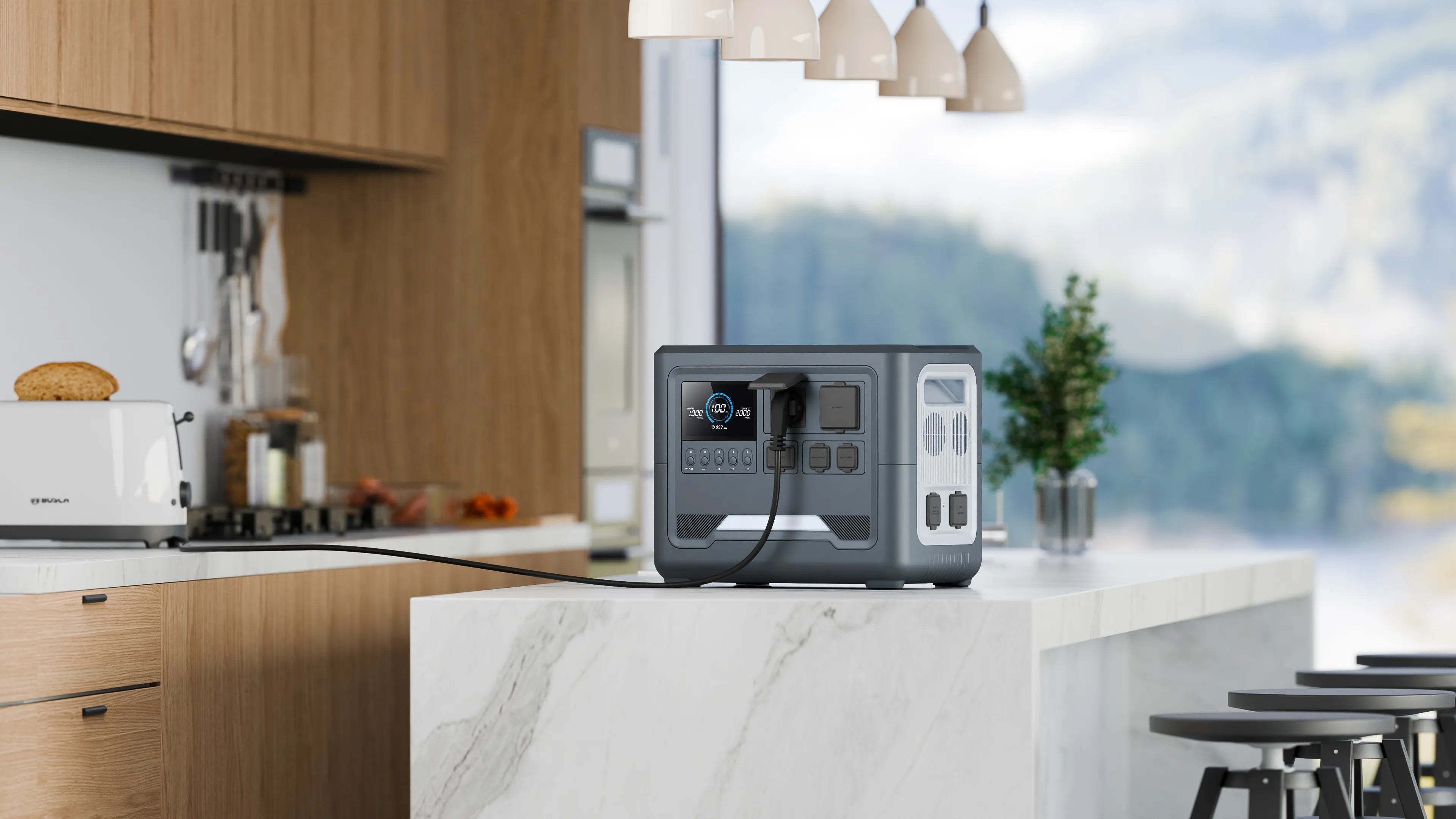 iFORWAY high-capacity portable power station seamlessly integrated into a premium kitchen for home backup power. With its massive high power output, it effortlessly runs household appliances like toasters and coffee makers. Engineered for stable performance and superior safety, it provides a reliable energy source for off-grid living during unexpected power outages. A sleek and powerful solution for ensuring Power On the Go even within a luxury home environment.