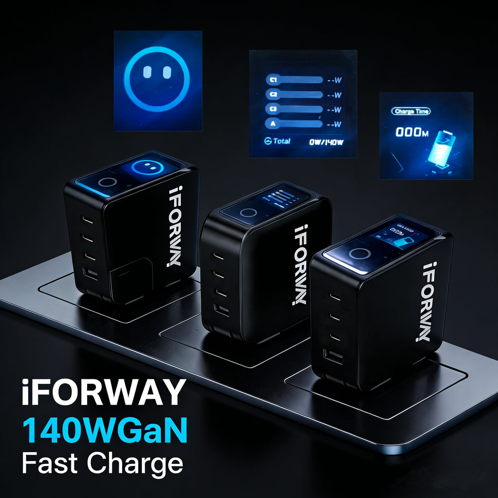 Multi-port USB-C wall adapter from iFORWAY, capable of fast charging four devices simultaneously including laptops, tablets, and smartphones.