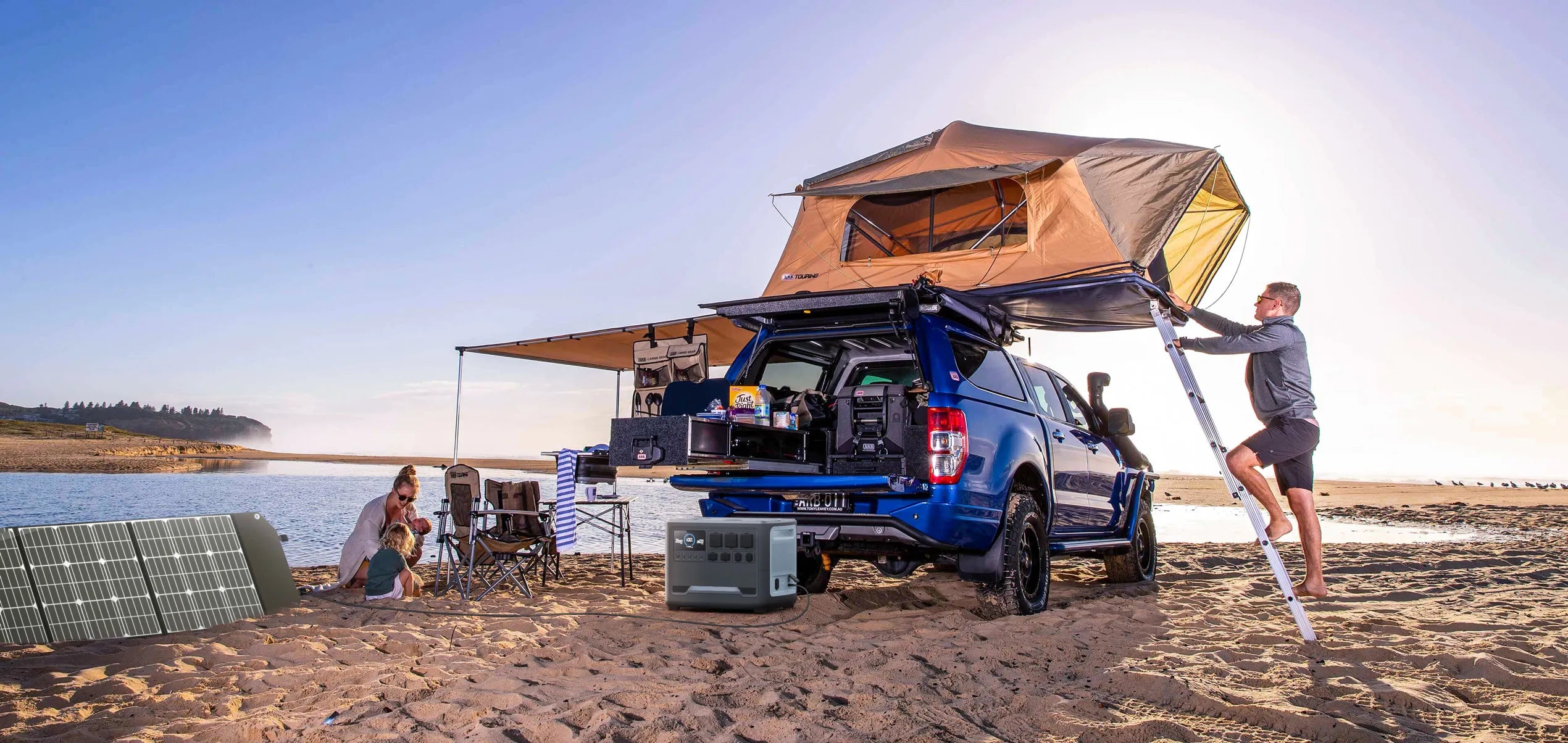 iFORWAY overlanding power solution featuring a high-capacity solar generator and efficient solar panels for beach car camping. Engineered for off-grid living, the system allows you to Grab the sun and maintain a continuous energy supply for truck fridges and gear. With its Built Tough construction and stable performance, it withstands rugged coastal environments while delivering high power output. The ultimate Power On the Go companion for pickup truck enthusiasts seeking ultimate adventure freedom.