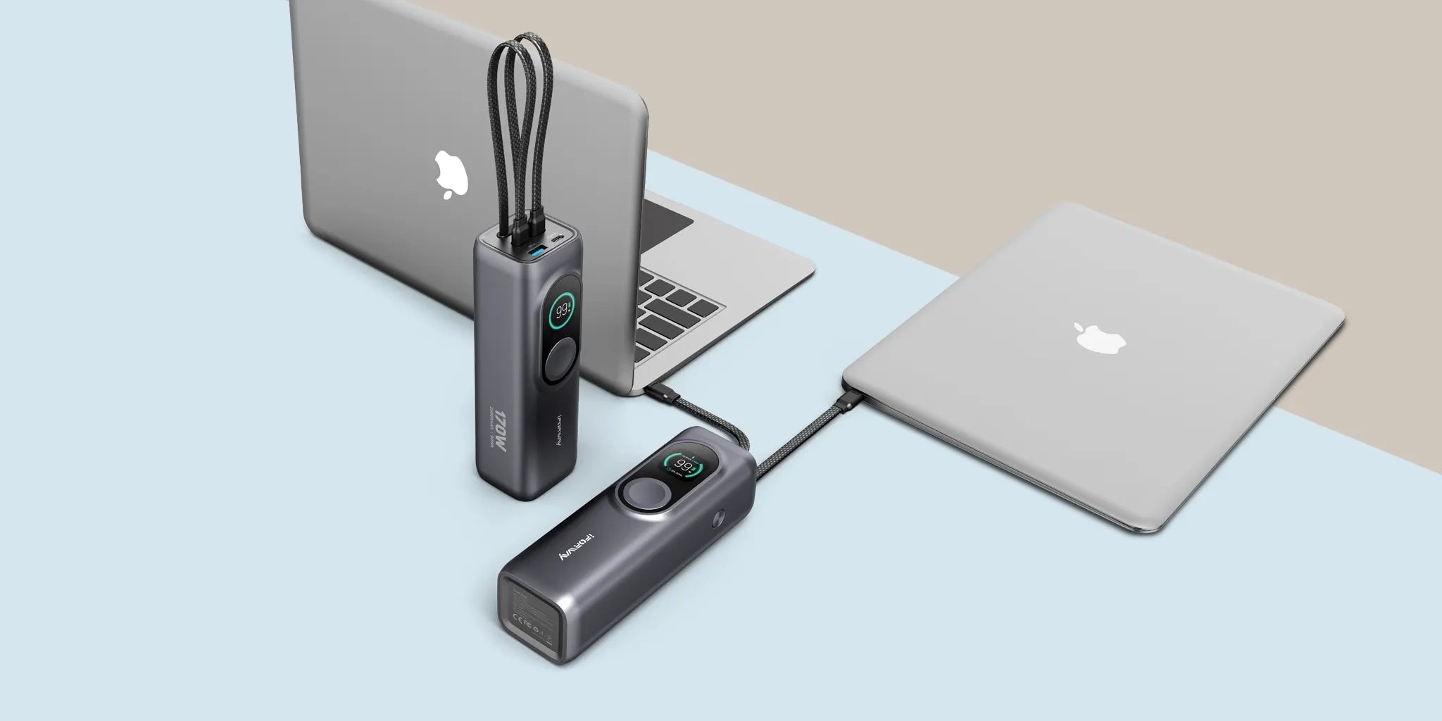iFORWAY PB02 170W high-power bank featured in a professional dual-laptop workspace. Demonstrating the PD 100W bidirectional fast charging capability as it powers two MacBooks simultaneously with ease. Engineered for 170W High Power Output, it ensures Stable Performance and Low Heat Loss during heavy-duty tasks. The Ultra-Compact and Sleek Design makes it the perfect portable energy solution for creative professionals and tech-driven teams on the go.